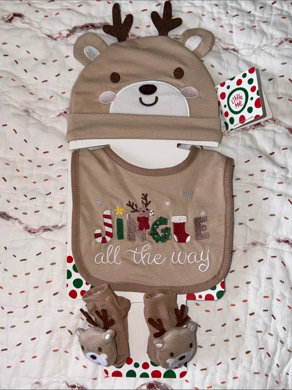 NWT Little Me Reindeer Holiday Set Hat, Bib, Booties 0-6 Months